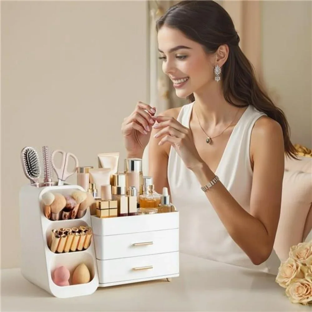 Makeup Organizer with Brush Holder Vanity Skincare Storage Drawers White